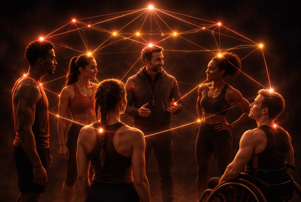 A coach and athletes connected by a glowing AI network