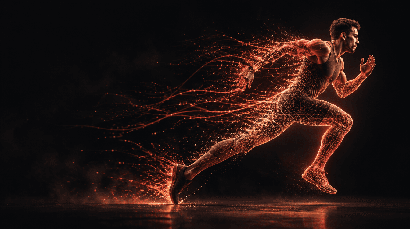 Athlete sprinting as their body transforms into glowing AI data